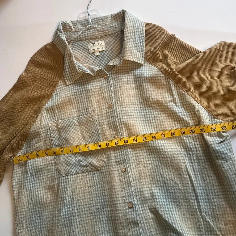 Waffle Sleeve Plaid Button-Up Top in Tan and Light Blue NWT - Picture 7 of 9